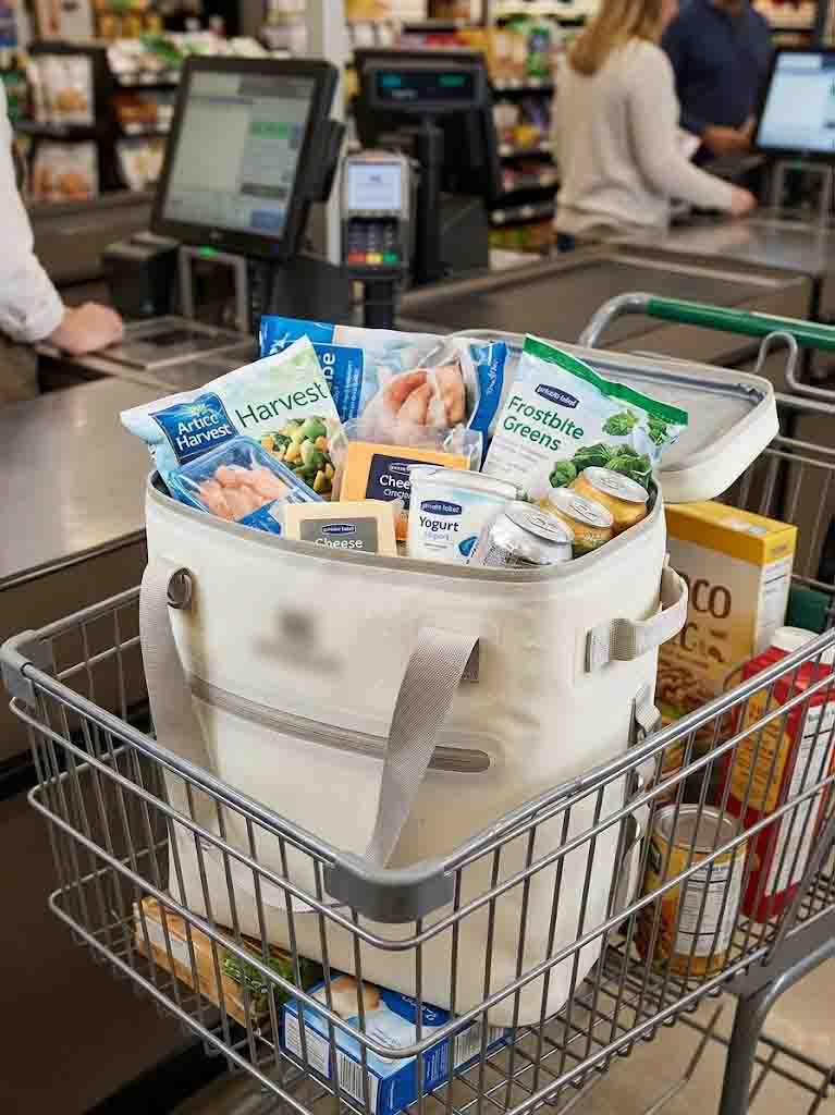 Private-label grocery cooler bag loaded with chilled goods standing upright in a shopping cart