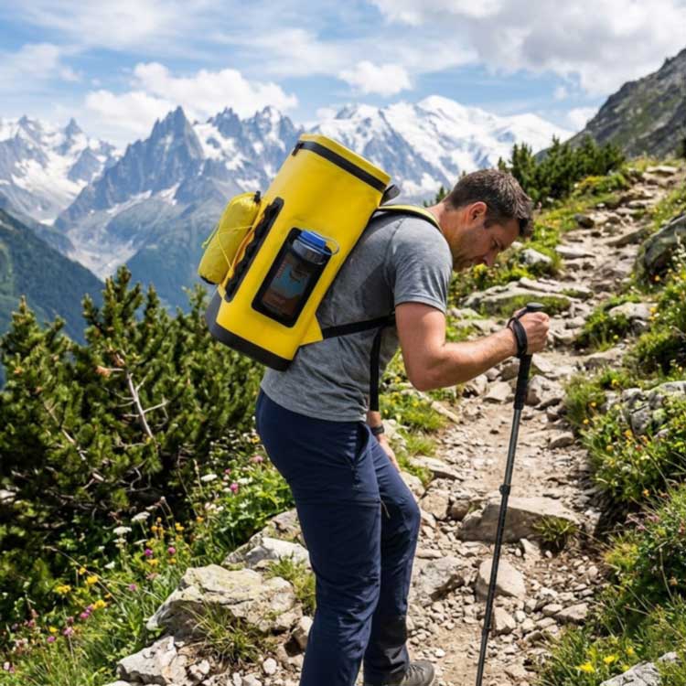 insulated cooler backpack worn on a hiking trail with padded straps and breathable back panel insulated cooler backpack worn on a hiking trail with padded straps and breathable back panel